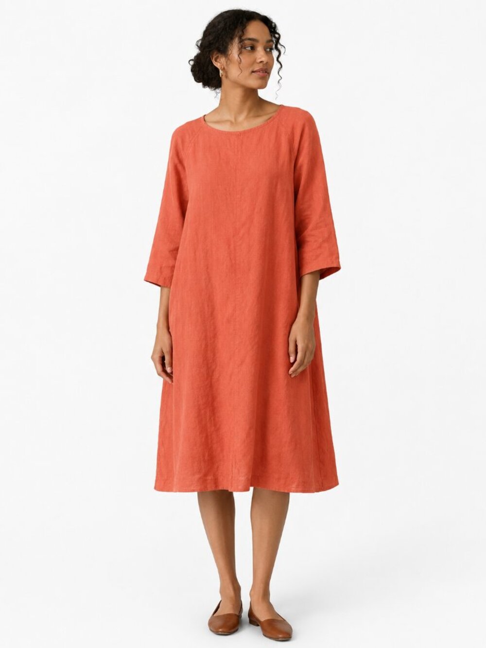 Elizabeth Suzann Rust Orange 100% Linen A-Line Midi Dress Made in USA Minimalist